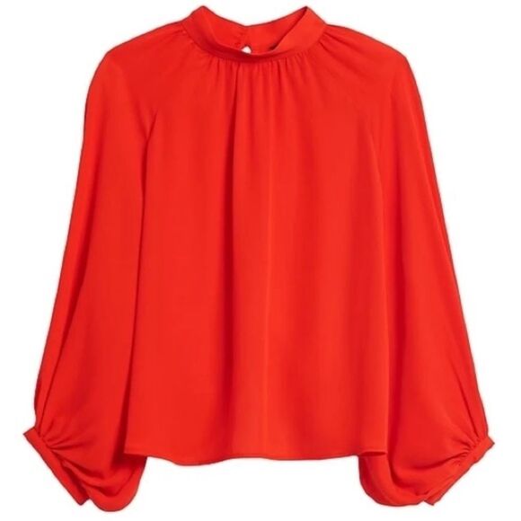 BR XS Vibrant Red Mock Neck Two Button Back Keyhole Long Balloon Sleeve Blouse - Picture 14 of 14